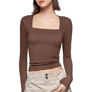 Women's Chocolate Square Neck Long Sleeve T Shirts Slim Fit Tops Collection